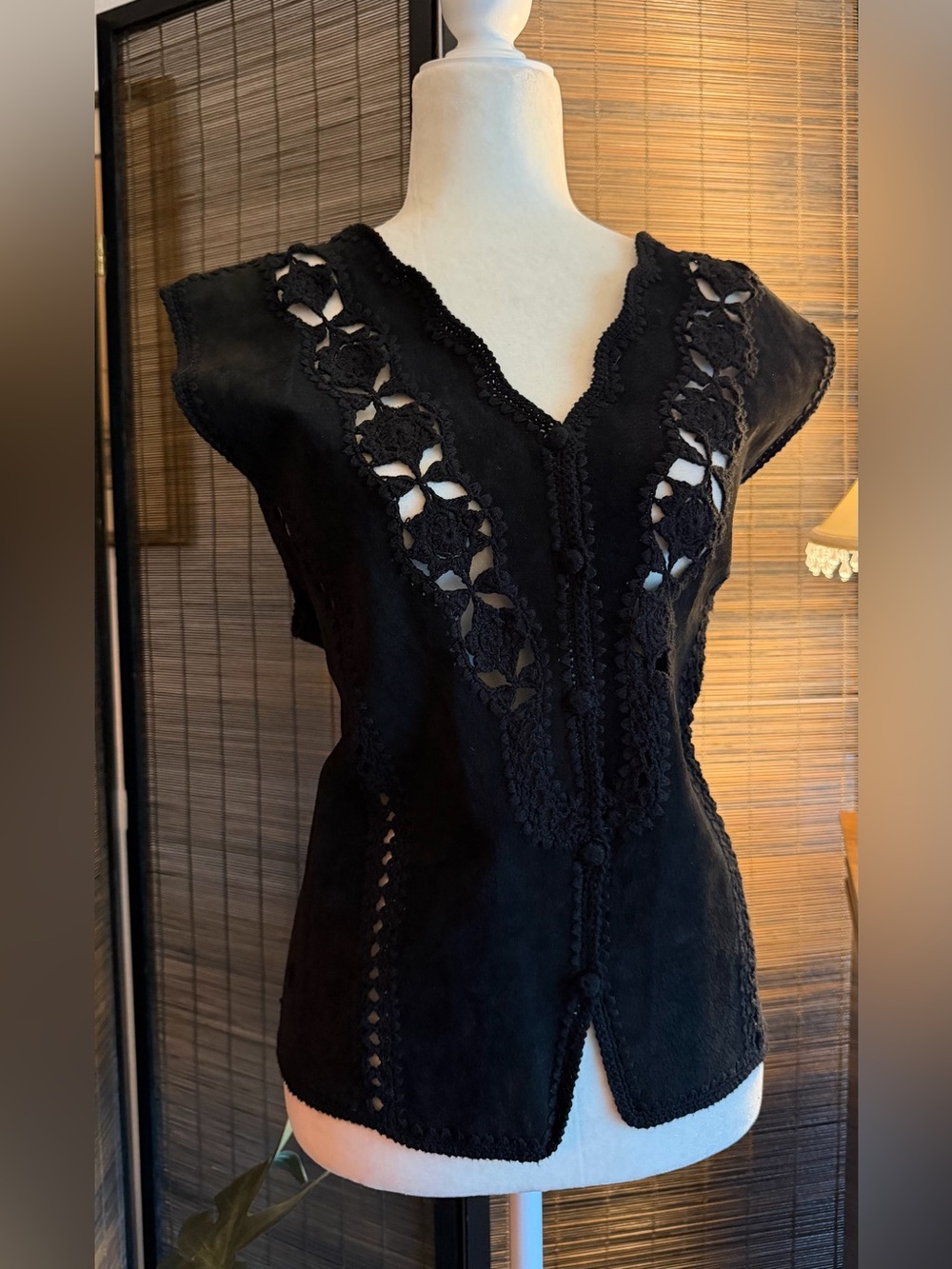 Cabin Creek XL Black Leather Ramie Cotton Crochet Floral Boho Vest